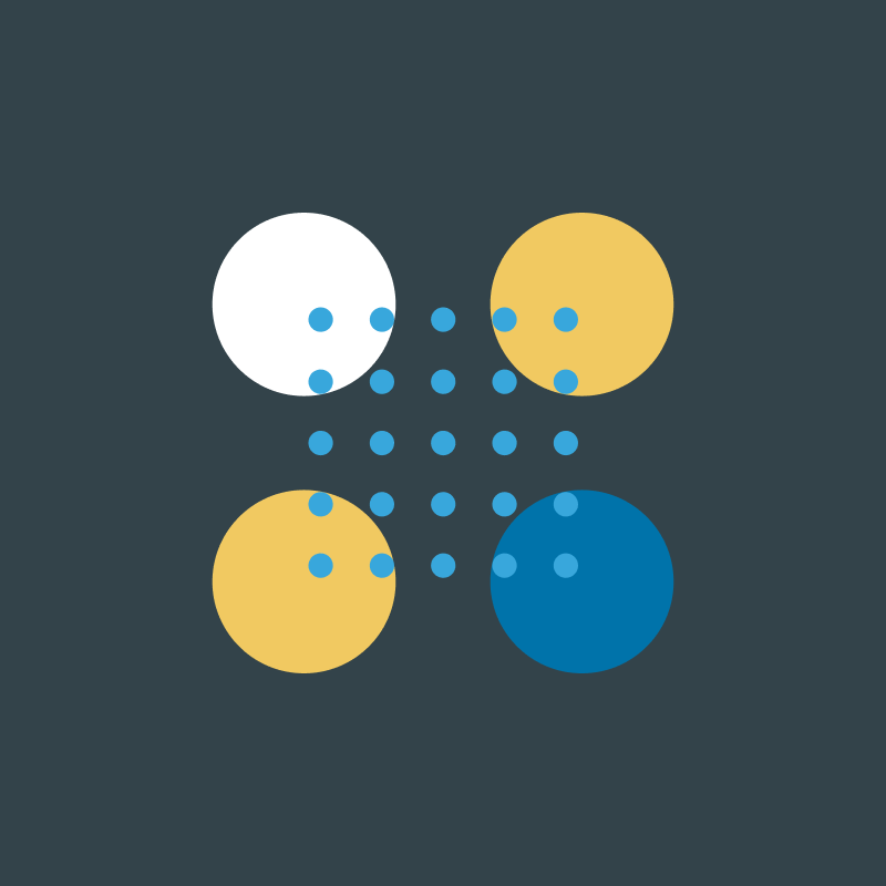 Yellow, blue and white circles with blue dots on black background