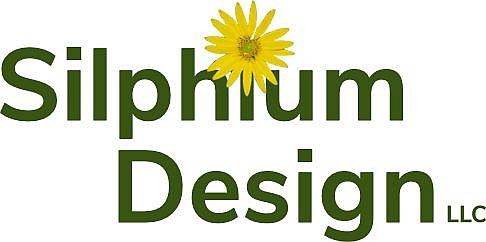 Logo of Silphium Design with green text and yellow flower.