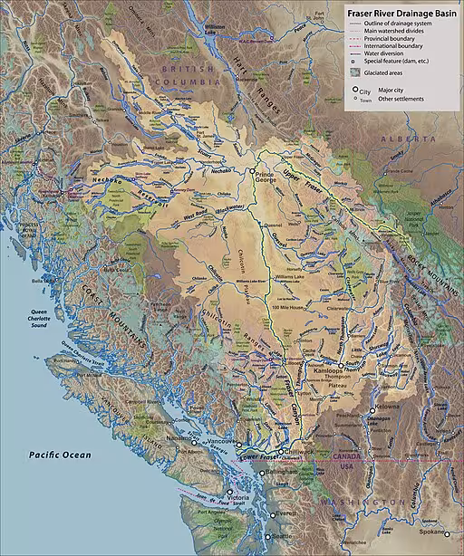 Terrain map of the Fraser River watershed.