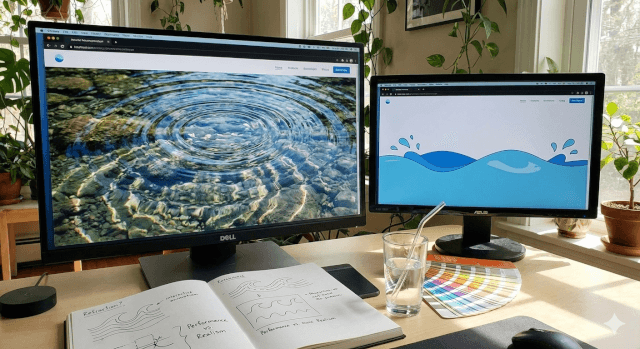 Two computer screens showing water effects.