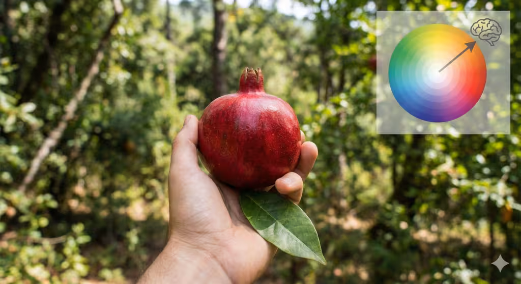 A person holding a red pomegranate showing color.