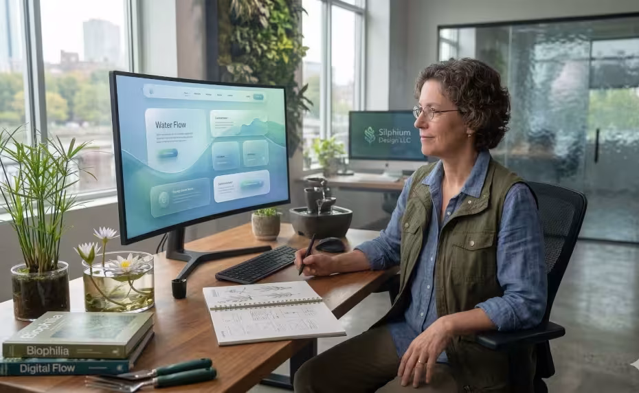 A woman at a computer showing a water designed website.
