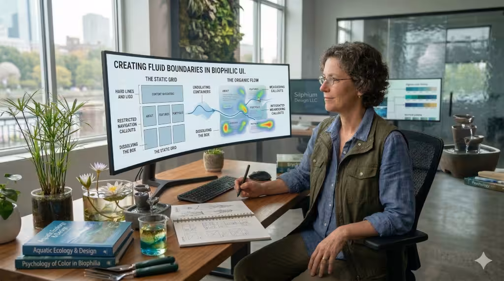 A website with fluid boundaries on a computer.