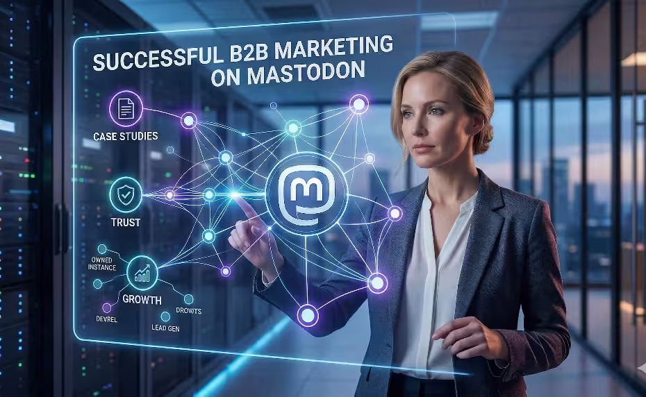 A woman looking at B2B marketing with mastodon.