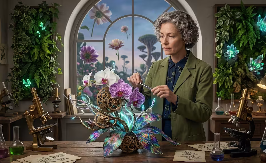 A woman working with floral surrealism.