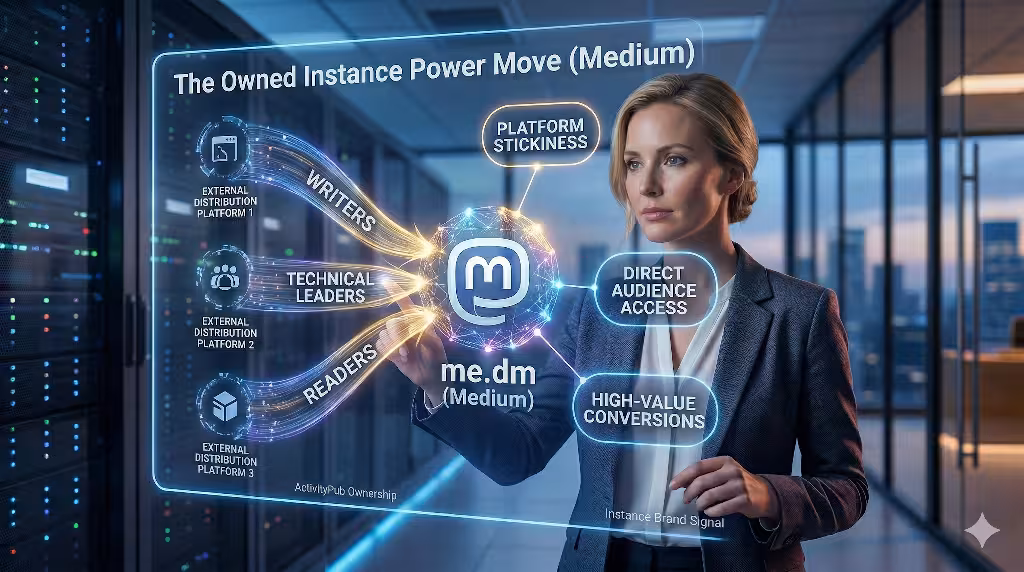 A woman looking at medium on mastodon.