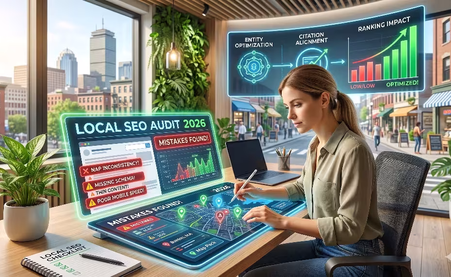 A woman looking at mistakes in local seo.