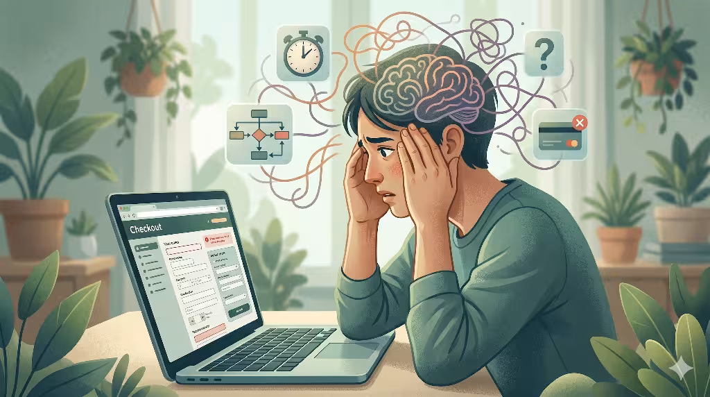 A cartoon woman looking at a laptop in frustration.