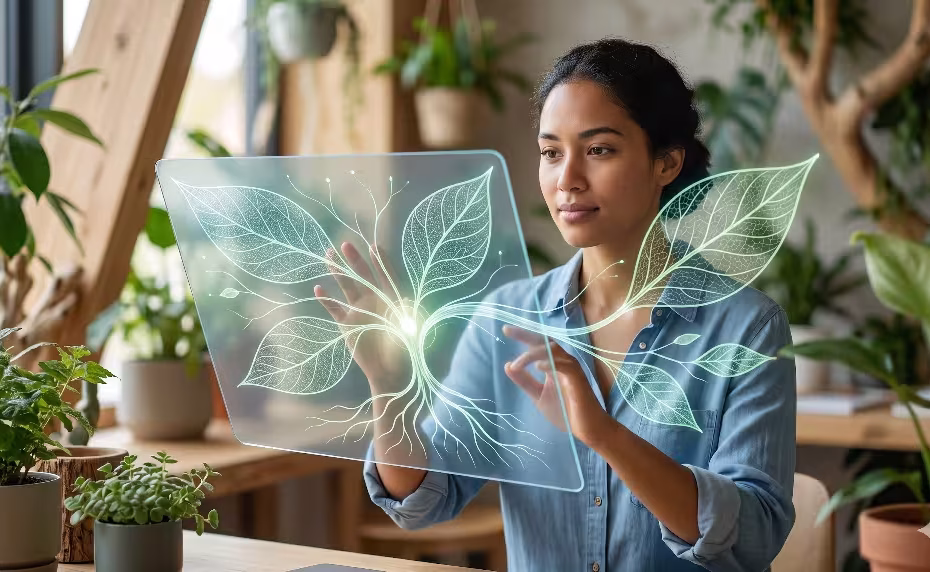 A woman looking at sustainable web design frameworks.
