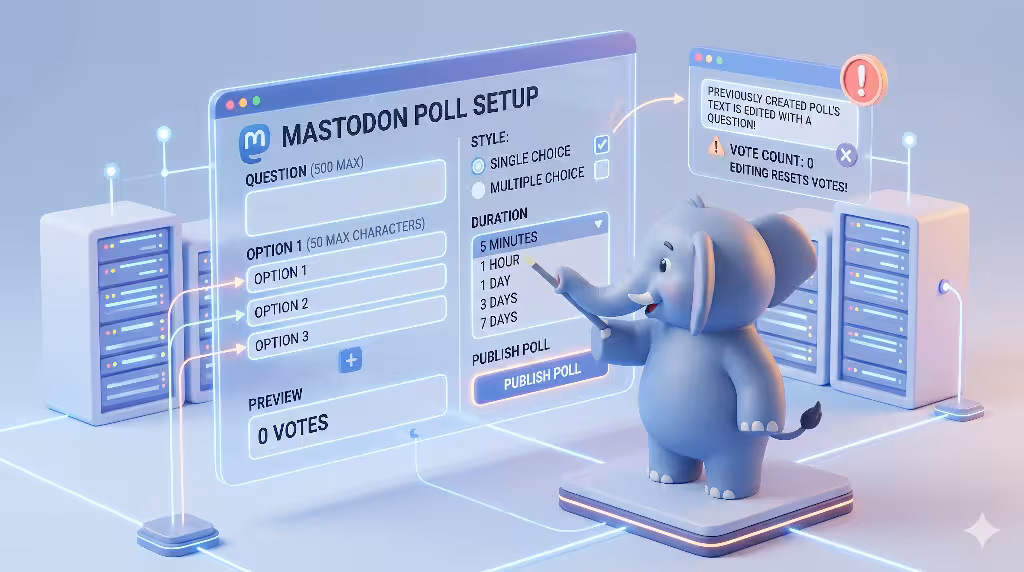 A cartoon figure setting up a mastodon poll.