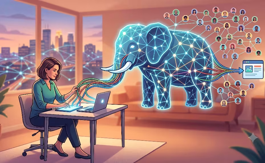 A woman using Mastodon content strategy.