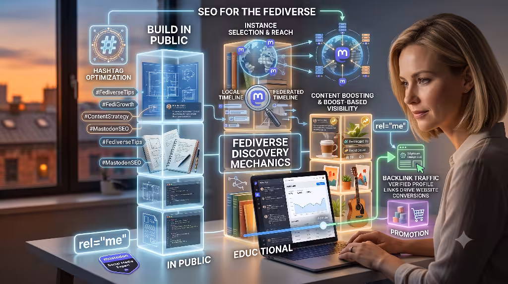 A woman using SEO on Mastodon.
