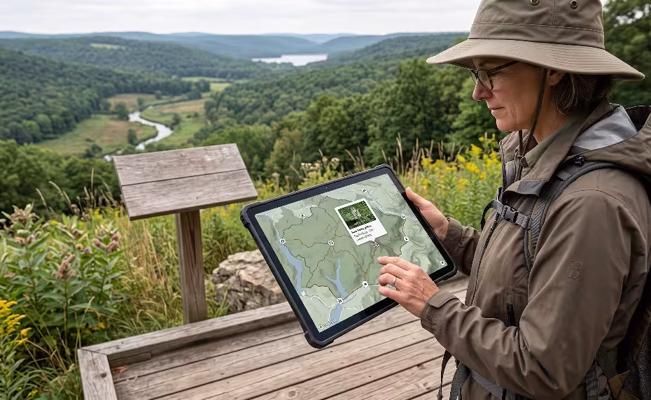 A woman using an interactive nature reserve map.
