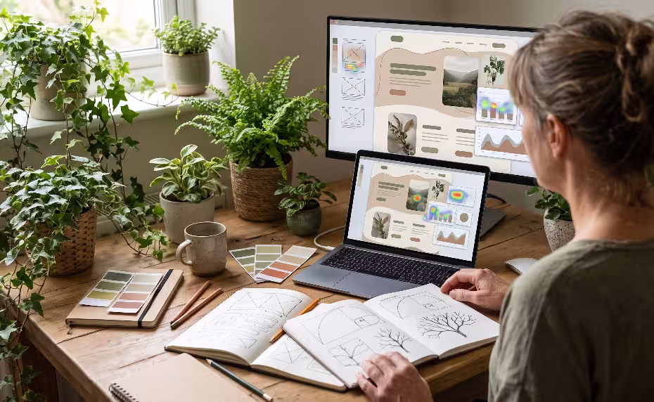 A woman doing a biophilic ux audit.