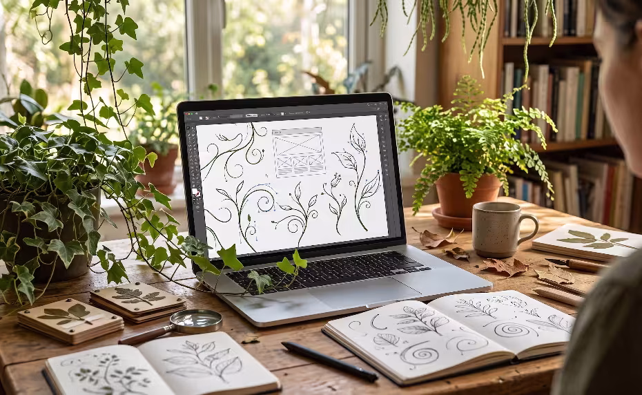 A laptop with botanical web fonts.