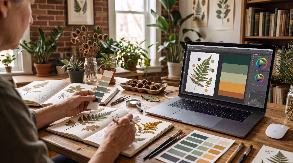 A woman looking at the colors from plants on a computer.