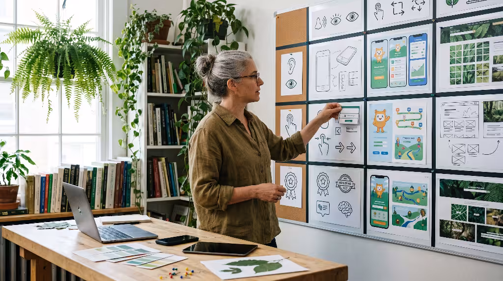 A woman looking at applications of the don norman system.