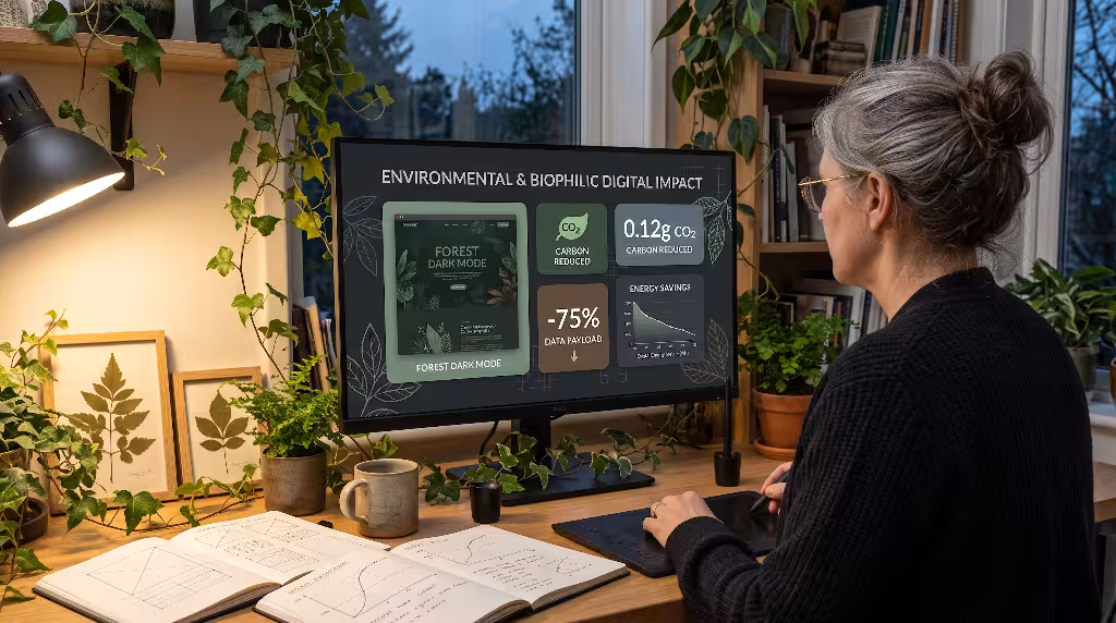 A woman looking the environmental impact of the fonts.