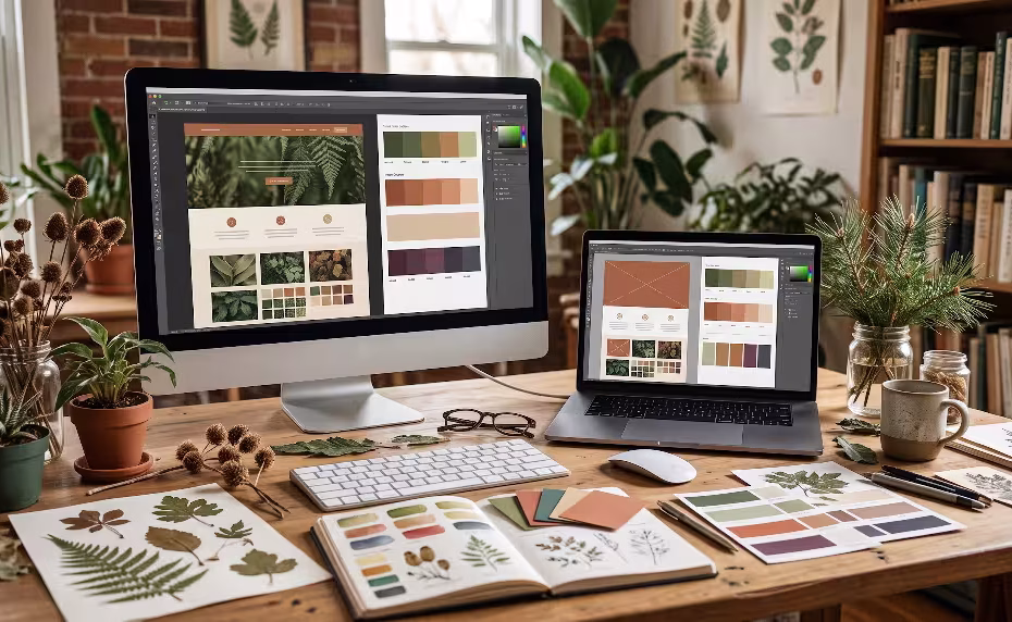 A computer with native plant color schemes in web design.