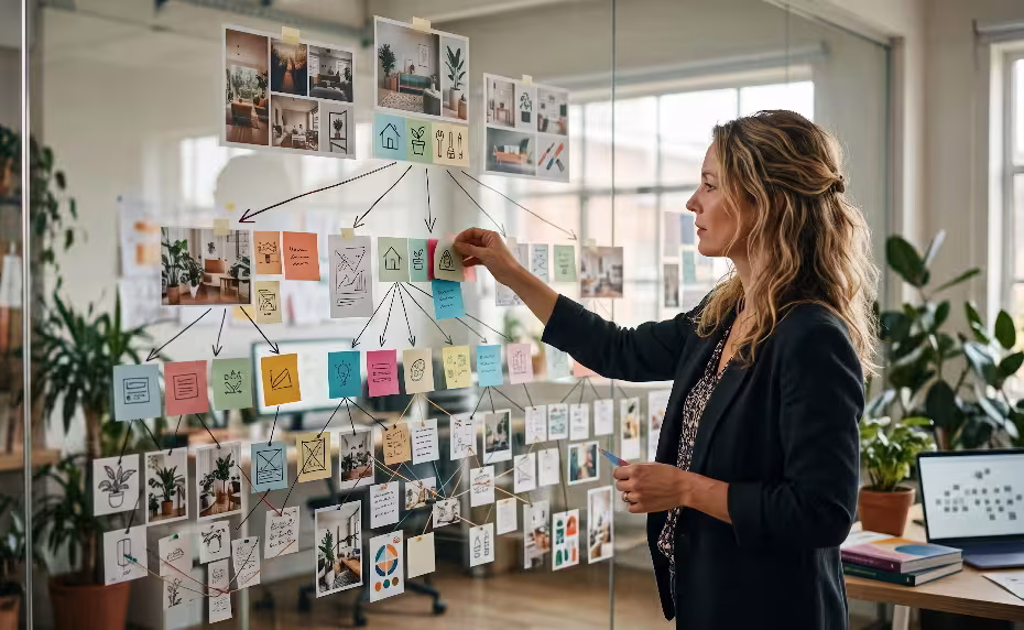 A woman developing a pinterest keyword hierarchy.