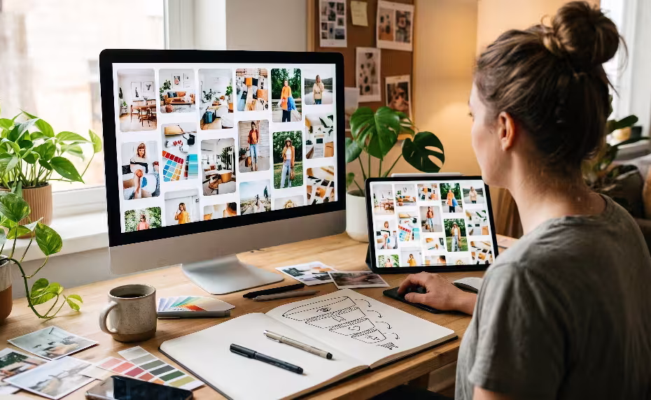 A woman looking at a pinterest marketing funnel.