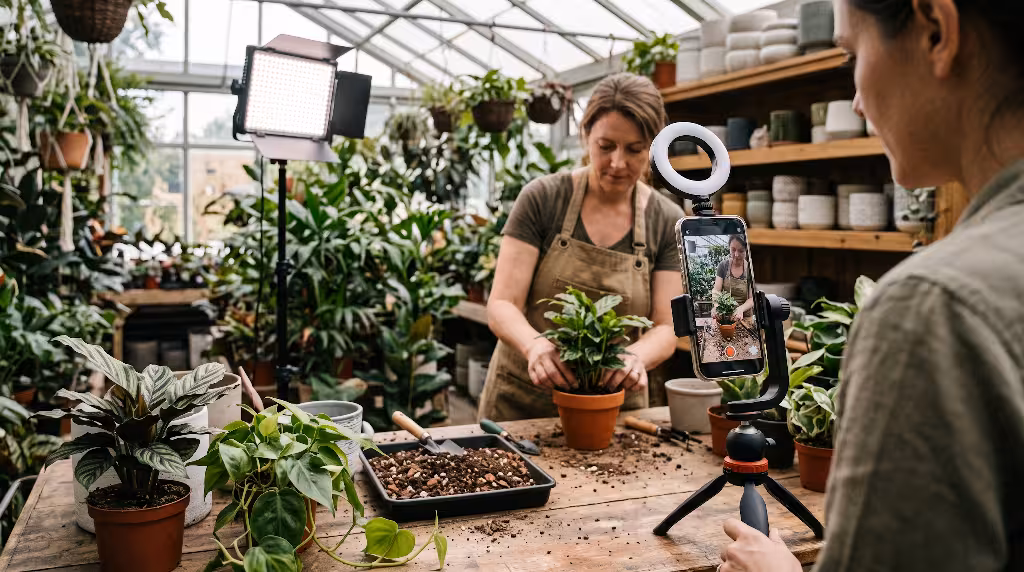 A woman potting plants.