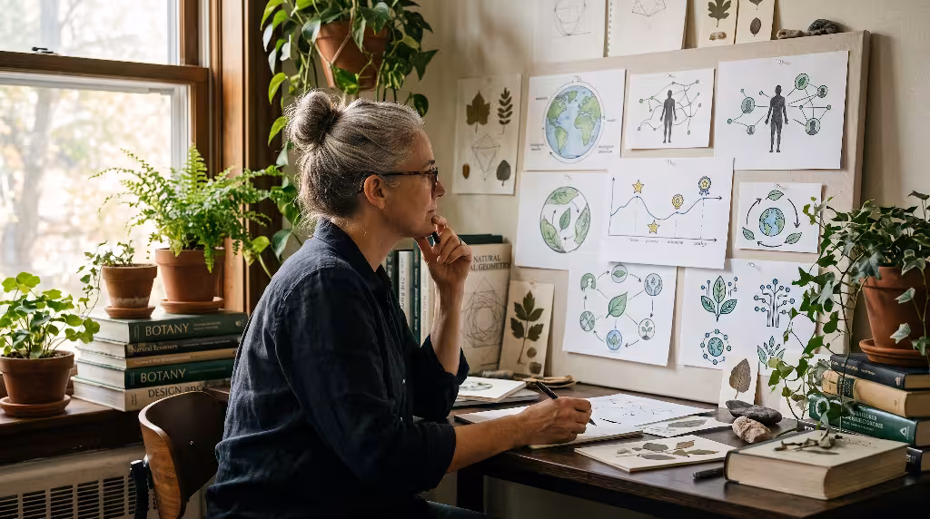 A woman looking at reflective design.
