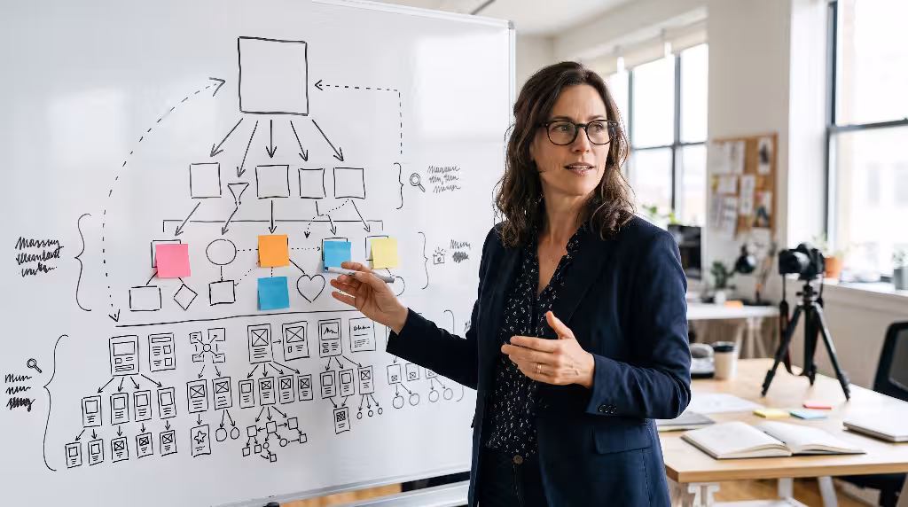 A woman showing a pinterest hierarchy.