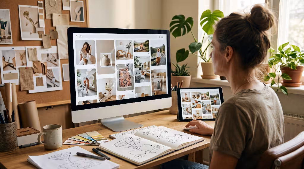 A woman looking a computer.